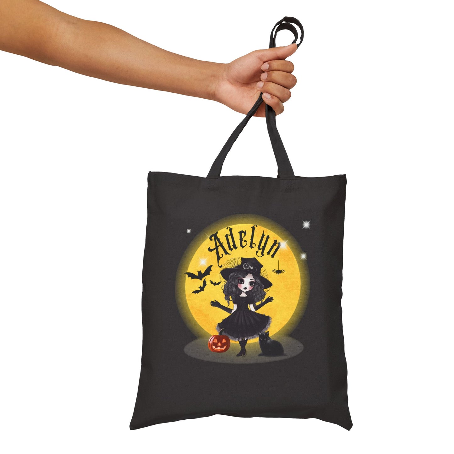 Personalized Halloween Tote Bag with Girl and Black Cat Design Front and Back Design