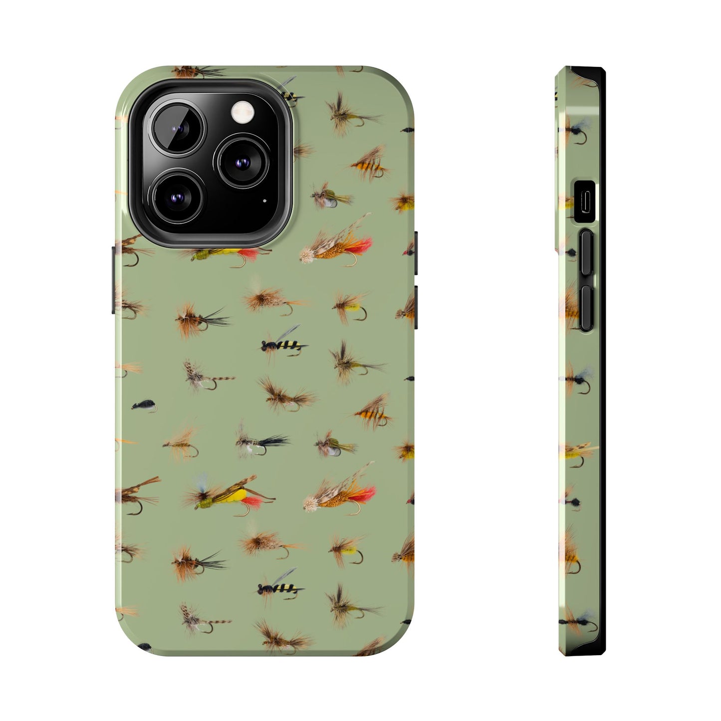 Dry Fly Fishing Lures on Olive Green  - Tough Phone Case for iPhone and Samsung Smartphones