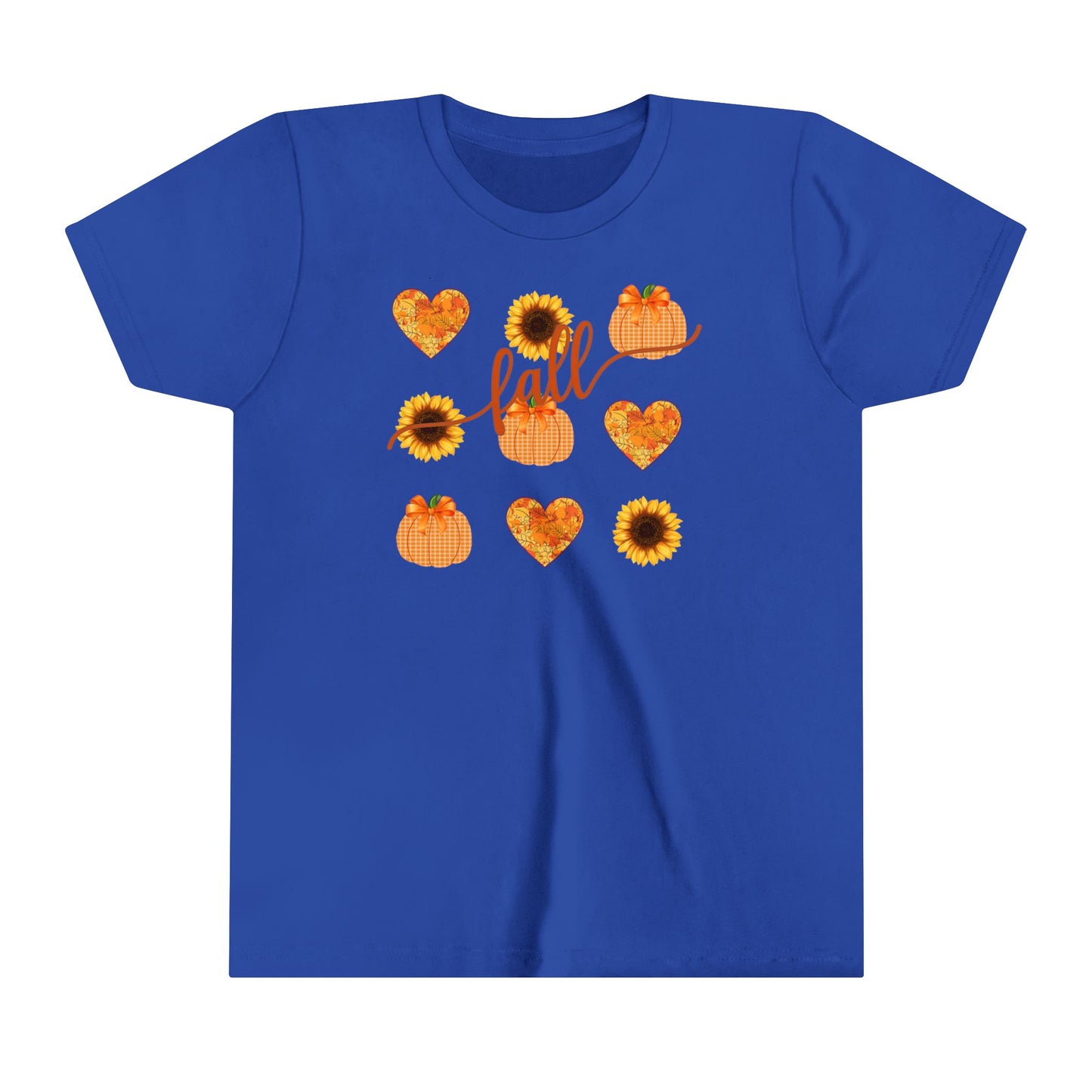 Fall T - Shirt with Hearts, Pumpkins, and Sunflowers Youth Short Sleeve Tee