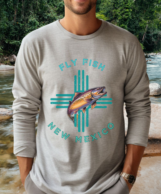 Fly Fish New Mexico Distressed Long Sleeve Tee Turquoise Zia with Brown Trout - Men's