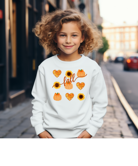 Youth Fall Hearts Pumpkins Sunflowers Crewneck Sweatshirt