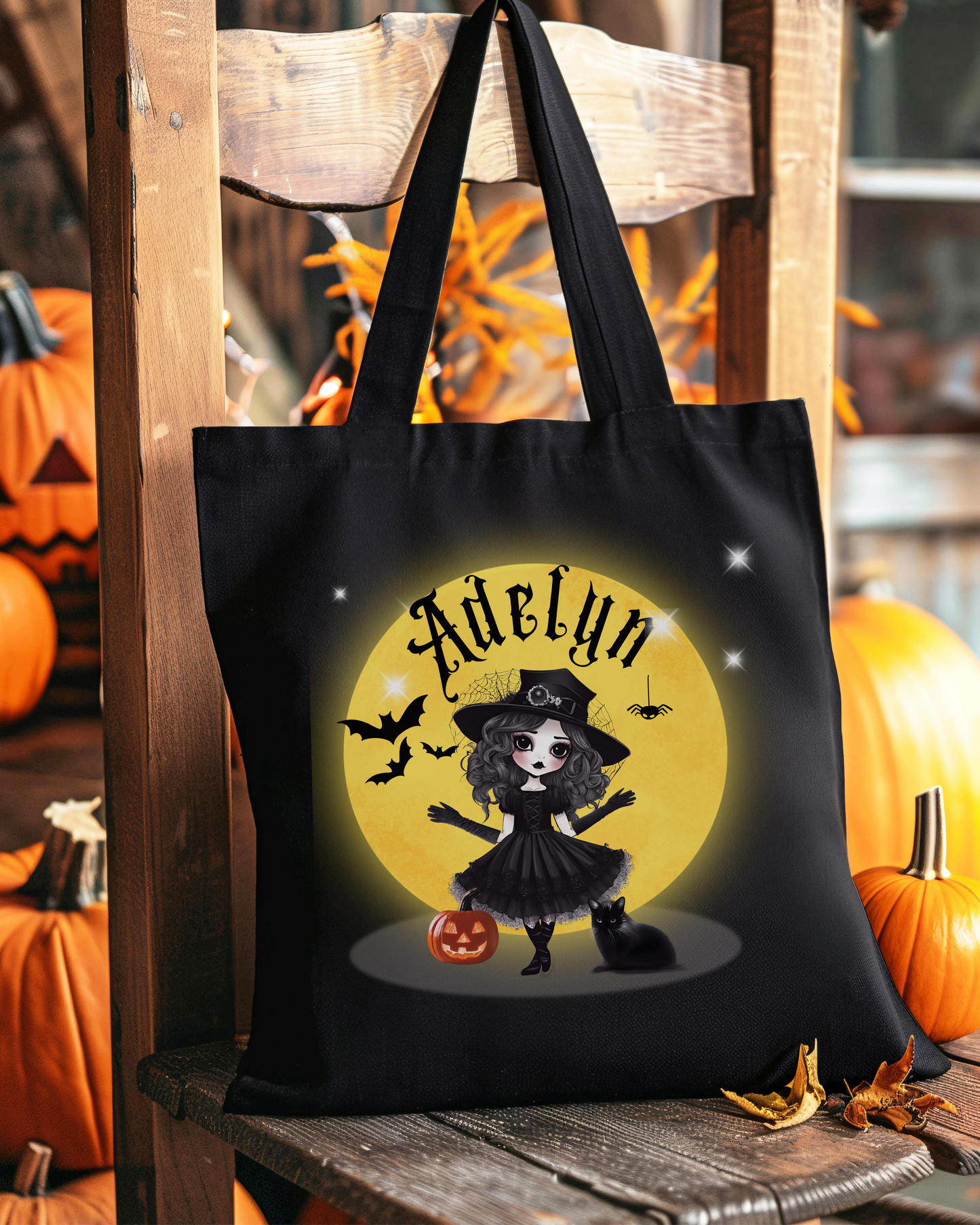 Personalized Halloween Tote Bag with Girl and Black Cat Design Front and Back Design