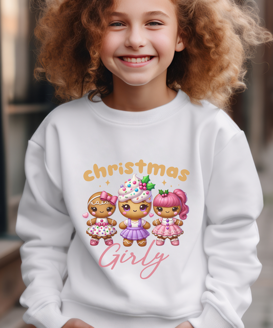 Christmas Girly Youth Crewneck Sweatshirt with Gingerbread People Decoration