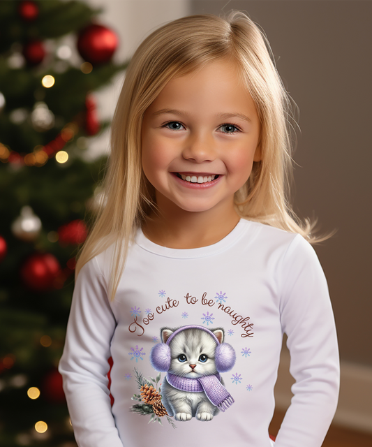 "Too Cute To Be Naughty" - Long Sleeve Tee for Toddlers - Kitten